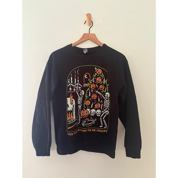 Black Halloween Sweatshirt Small Tis the Season to Be Creepy Skeleton Pumpkin - Picture 2 of 7